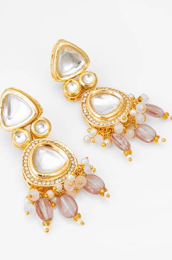 gold-plated kundan earrings with crystal bead drop