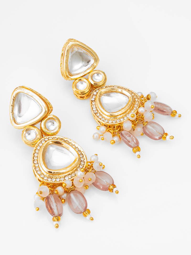 gold-plated kundan earrings with crystal bead drop