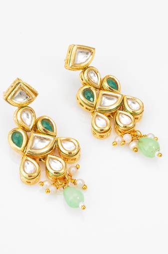 gold-plated kundan earrings with stones and drop