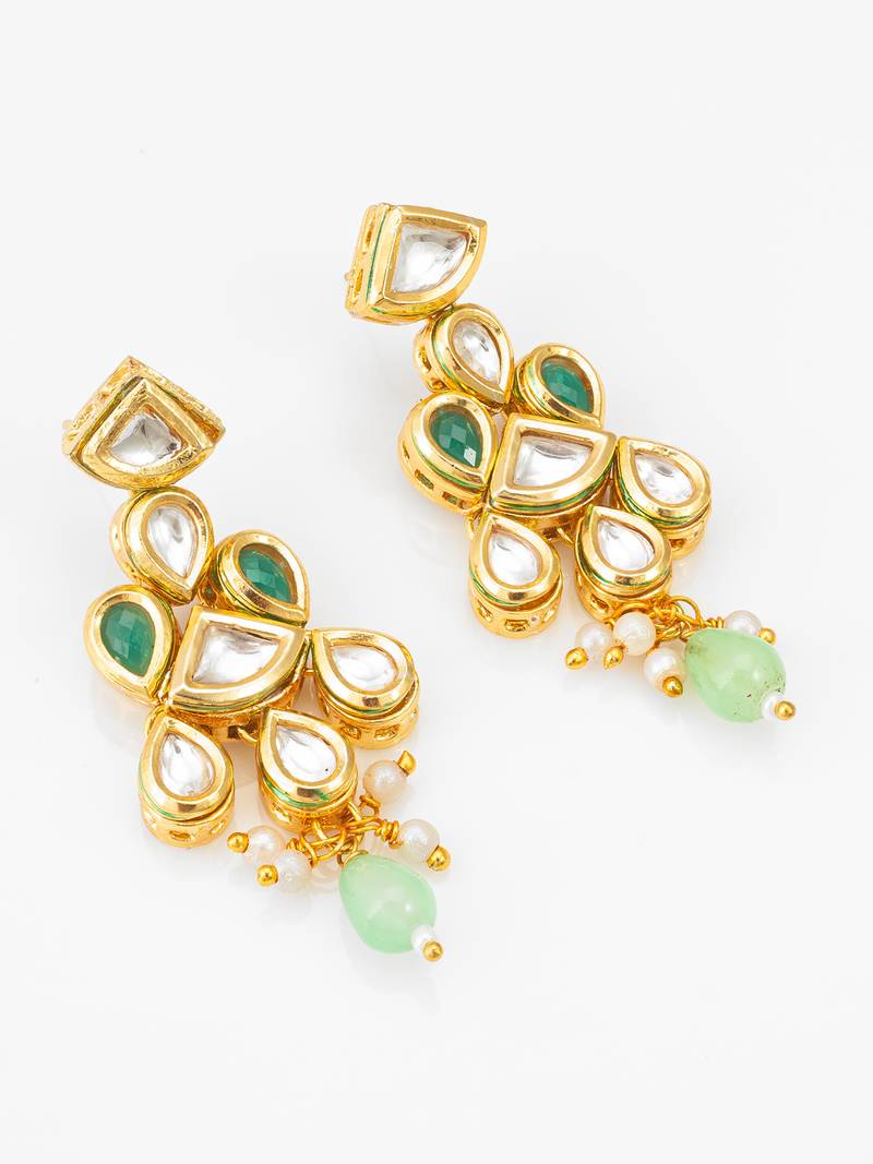 gold-plated kundan earrings with stones and drop