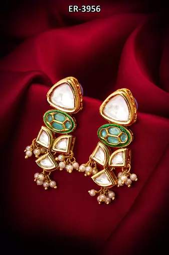 gold-toned kundan earrings with meenakari and pearl drops