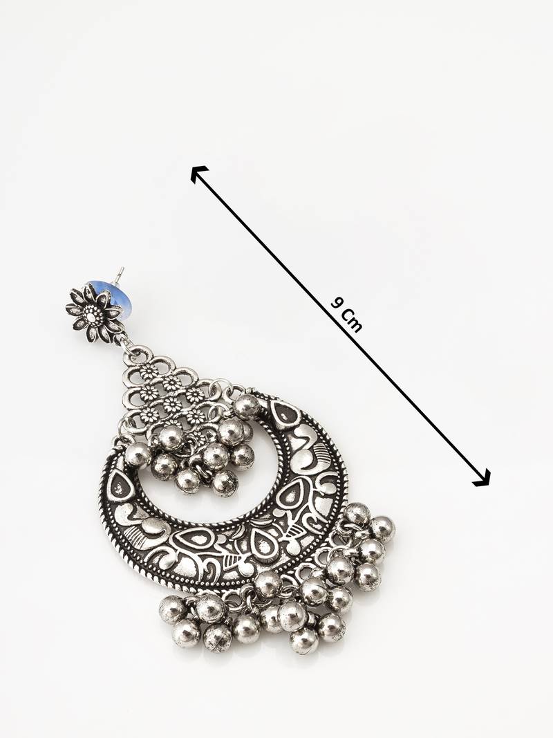 oxidized silver chandbali earrings with floral and ghungroo drops