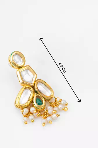 gold-plated kundan earrings with green stone and pearl drops
