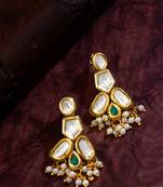 gold-plated kundan earrings with green stone and pearl drops