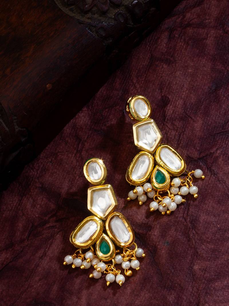 gold-plated kundan earrings with green stone and pearl drops