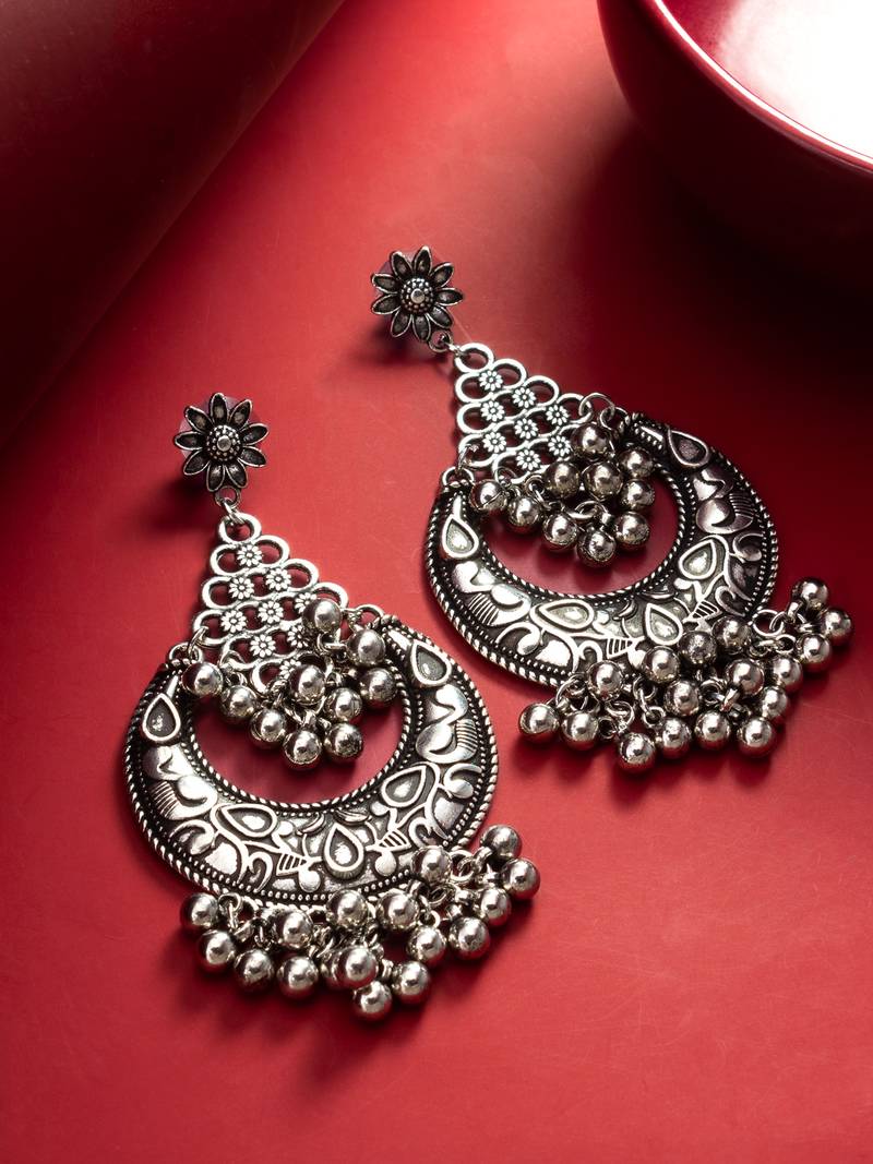 oxidized silver chandbali earrings with floral and ghungroo drops