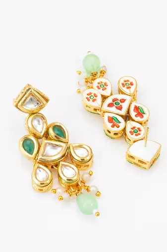 gold-plated kundan earrings with stones and drop
