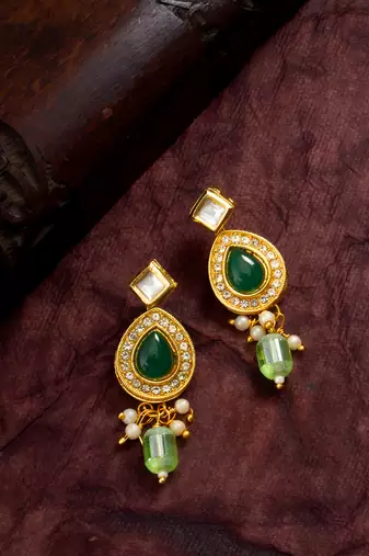 gold-plated ad stone earrings with crystal halo and bead drops