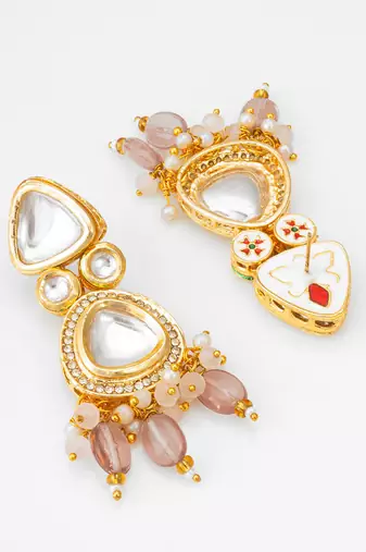 gold-plated kundan earrings with crystal bead drop