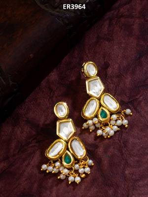gold-plated kundan earrings with green stone and pearl drops 5