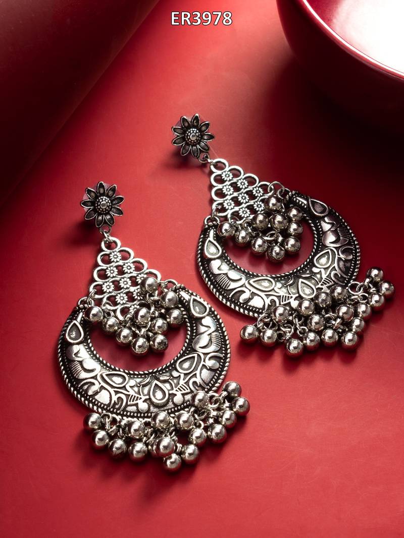 oxidized silver chandbali earrings with floral and ghungroo drops