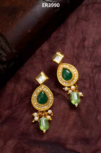 gold-plated ad stone earrings with crystal halo and bead drops