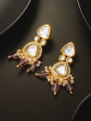 gold-plated kundan earrings with crystal bead drop 4