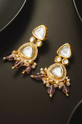 gold-plated kundan earrings with crystal bead drop