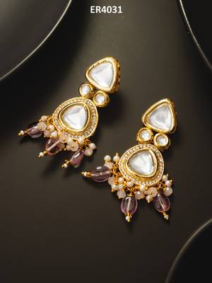gold-plated kundan earrings with crystal bead drop 5