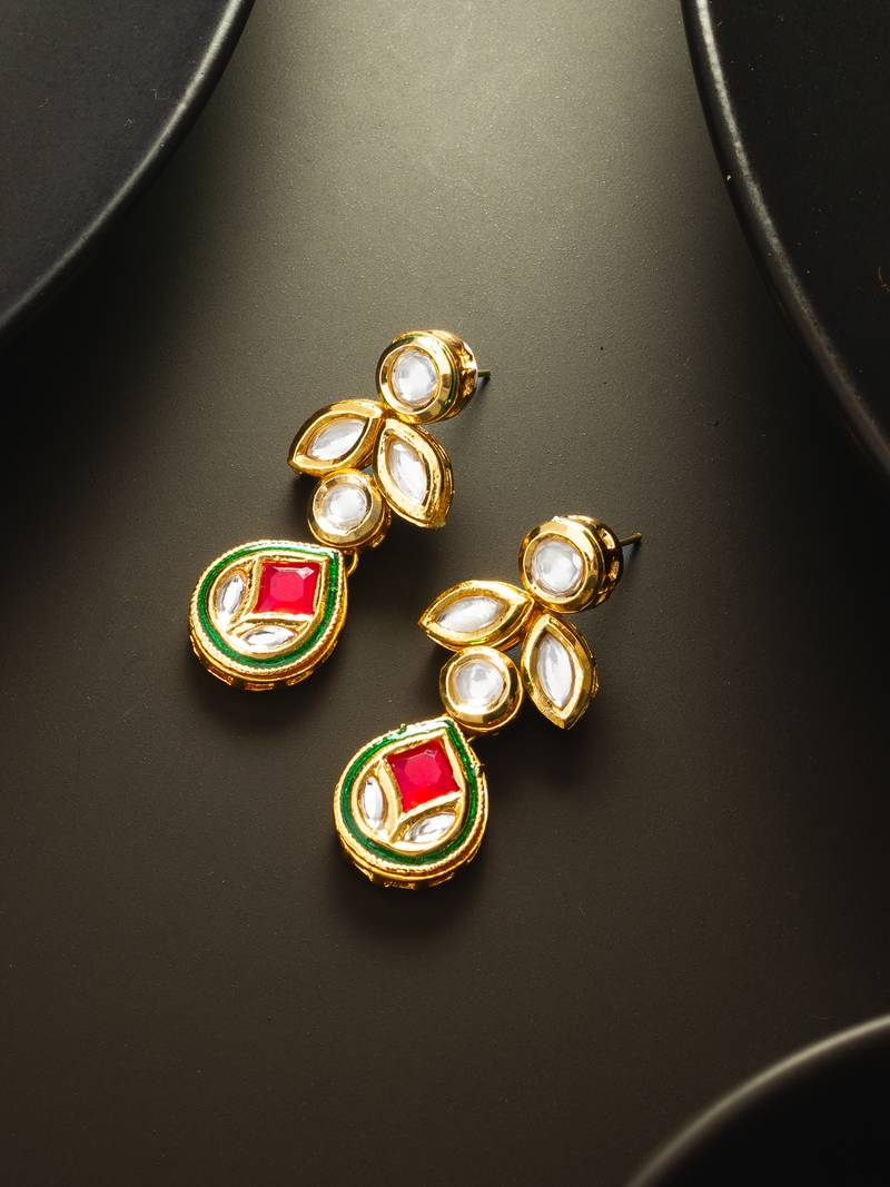 gold-plated kundan dangle earrings with drop