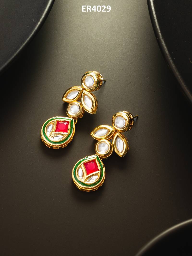 gold-plated kundan dangle earrings with drop