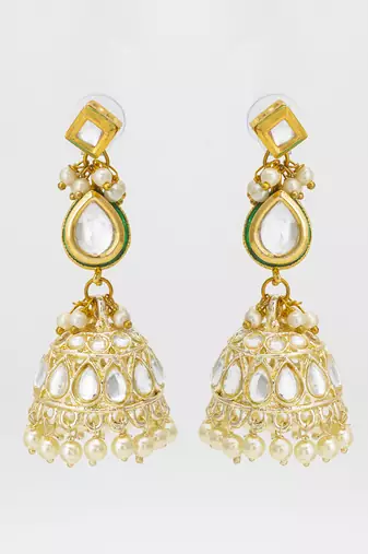 gold kundan jhumka earrings with kundan and pearl