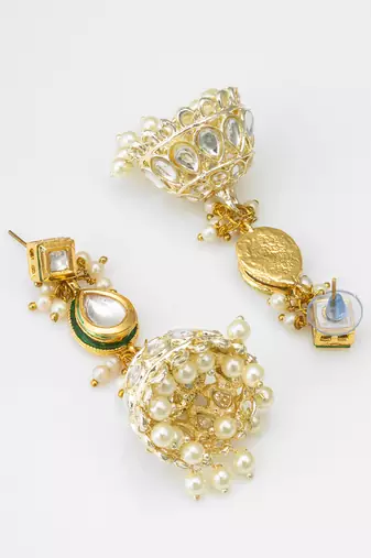 gold kundan jhumka earrings with kundan and pearl