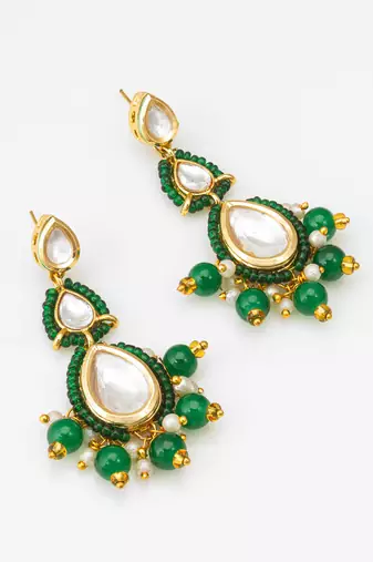 green kundan drop earrings with beads and pearl