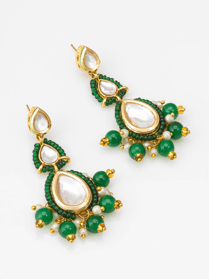 green kundan drop earrings with beads and pearl
