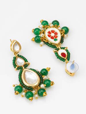 green kundan drop earrings with beads and pearl 2