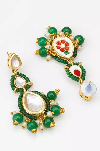 green kundan drop earrings with beads and pearl