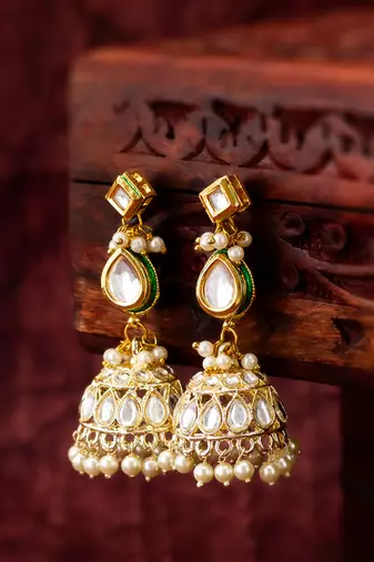 gold kundan jhumka earrings with kundan and pearl