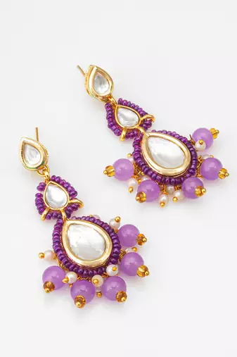 purple kundan drop earrings with beads and pearl