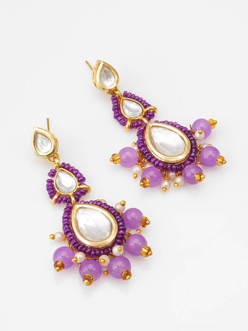 purple kundan drop earrings with beads and pearl