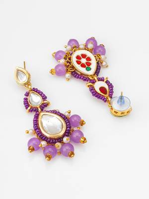 purple kundan drop earrings with beads and pearl 2