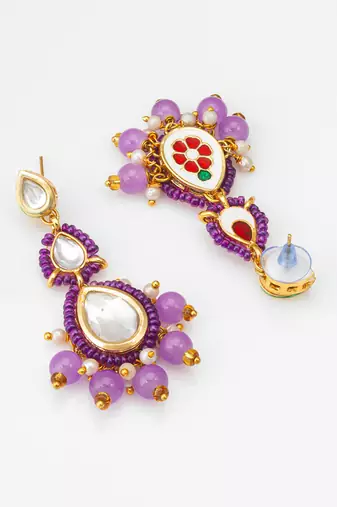 purple kundan drop earrings with beads and pearl