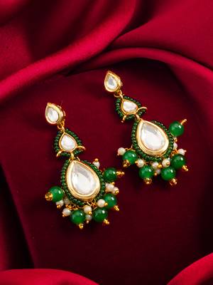 green kundan drop earrings with beads and pearl 4