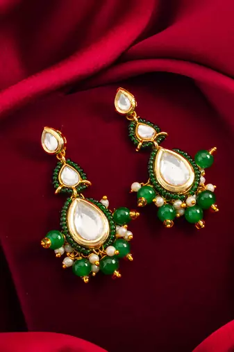 green kundan drop earrings with beads and pearl