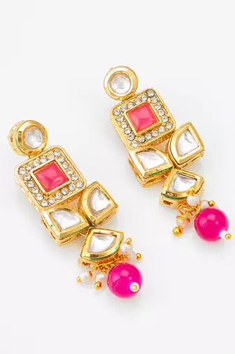 Geometric gold-plated kundan long drop earrings with pink accents and pearl beads