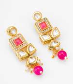 Geometric gold-plated kundan long drop earrings with pink accents and pearl beads