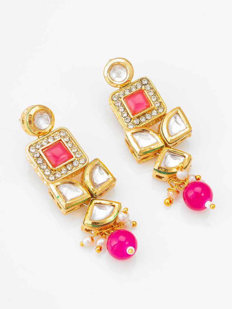 Geometric gold-plated kundan long drop earrings with pink accents and pearl beads