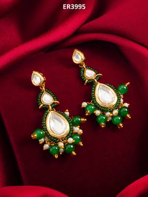 green kundan drop earrings with beads and pearl 5