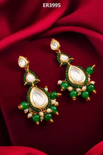 green kundan drop earrings with beads and pearl