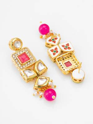 Geometric gold-plated kundan long drop earrings with pink accents and pearl beads 2