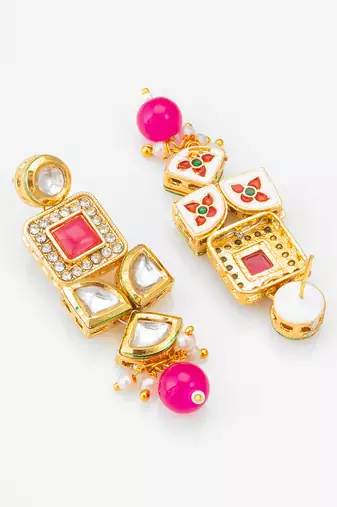 Geometric gold-plated kundan long drop earrings with pink accents and pearl beads