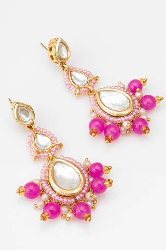 pink kundan drop earrings with beads and pearl