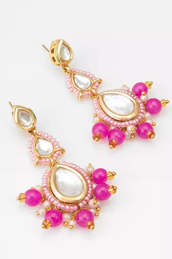 pink kundan drop earrings with beads and pearl