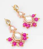 pink kundan drop earrings with beads and pearl