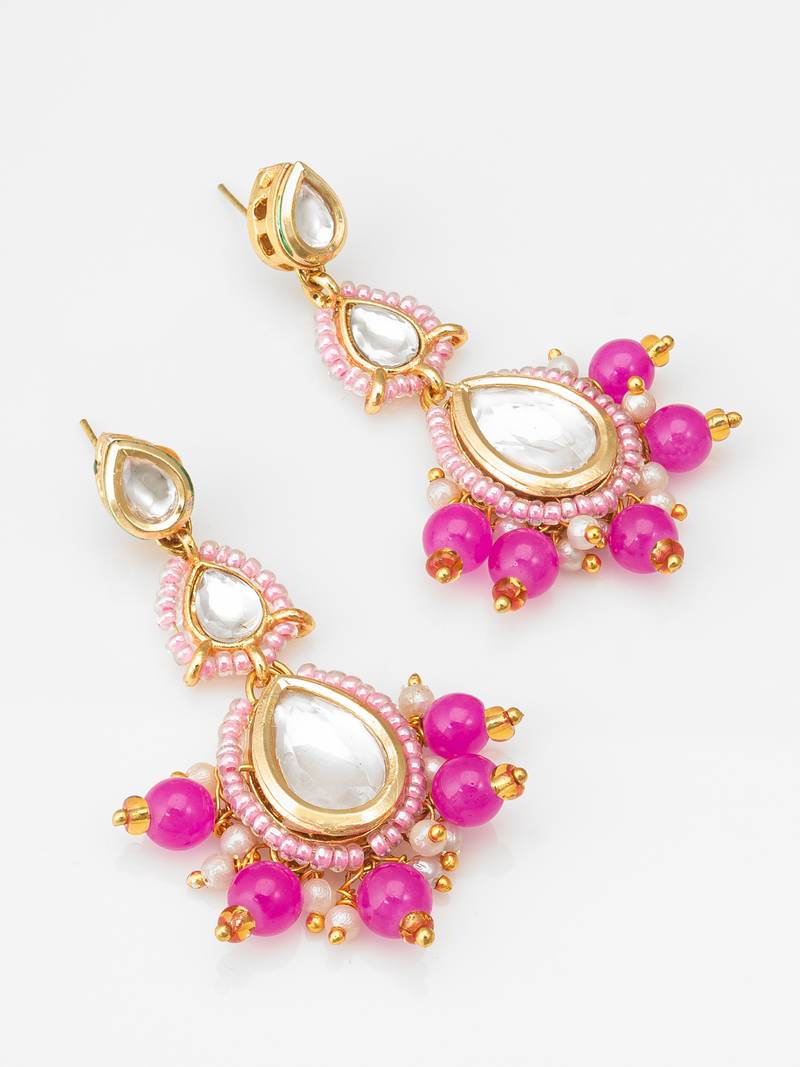 pink kundan drop earrings with beads and pearl