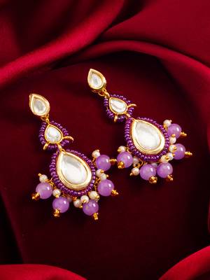 purple kundan drop earrings with beads and pearl 4
