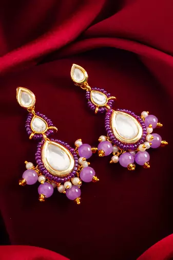 purple kundan drop earrings with beads and pearl