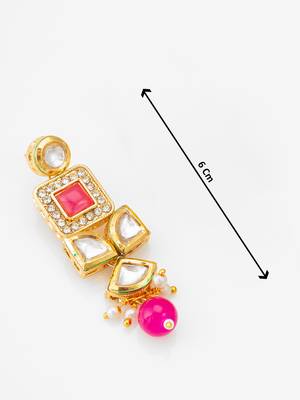 Geometric gold-plated kundan long drop earrings with pink accents and pearl beads 3