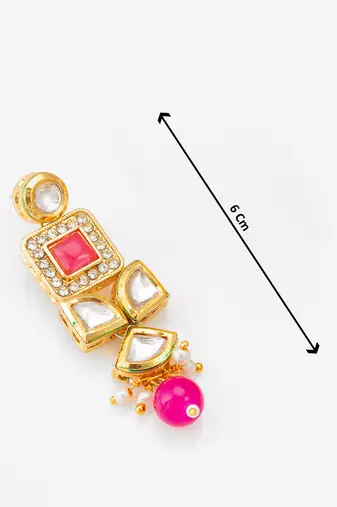 Geometric gold-plated kundan long drop earrings with pink accents and pearl beads