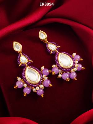 purple kundan drop earrings with beads and pearl 5